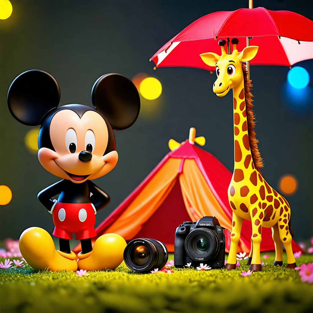 mickey mouse, giraffe, tent, camera, umbrella